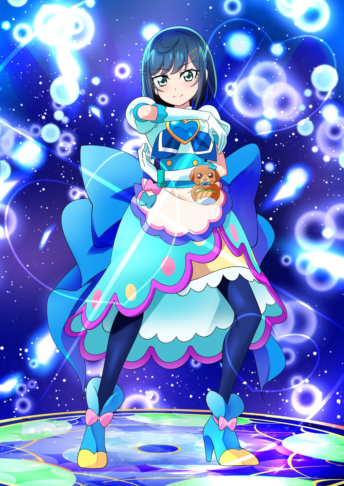 1girl ankle_boots aqua_eyes back_bow blue_bow blue_dress blue_footwear blue_hair blue_pantyhose bob_cut boots bow brooch closed_mouth commentary cure_spicy delicious_party_precure dress full_body fuwa_kokone gloves hair_ornament hairclip heart heart_brooch high_heel_boots high_heels highres huge_bow jewelry light_particles looking_at_viewer magical_girl medium_dress pam-pam_(precure) pantyhose precure puffy_short_sleeves puffy_sleeves short_hair short_sleeves smile solo standing tirofinire white_gloves
