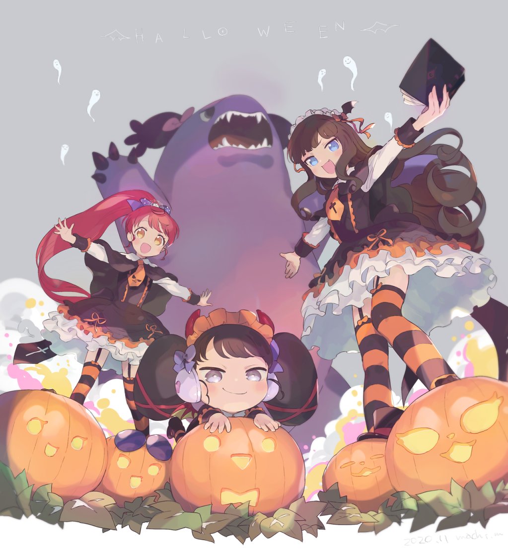 3girls :d black_dress black_hair blue_eyes book bow brown_hair commentary_request dress frilled_dress frilled_hairband frills full_body gaaruru_(pripara) gajira_(pripara) ghost hairband halloween halloween_costume headphones holding holding_book horns jack-o'-lantern kaijuu kurosu_aroma leaf long_hair long_sleeves looking_at_viewer machico_maki mini_person minigirl multiple_girls necktie open_book open_mouth outstretched_arms ponytail pretty_series pripara pumpkin purple_bow red_horns redhead shiratama_mikan sidelocks smile spread_arms standing striped_clothes striped_thighhighs thigh-highs twintails very_long_hair yellow_eyes yellow_necktie