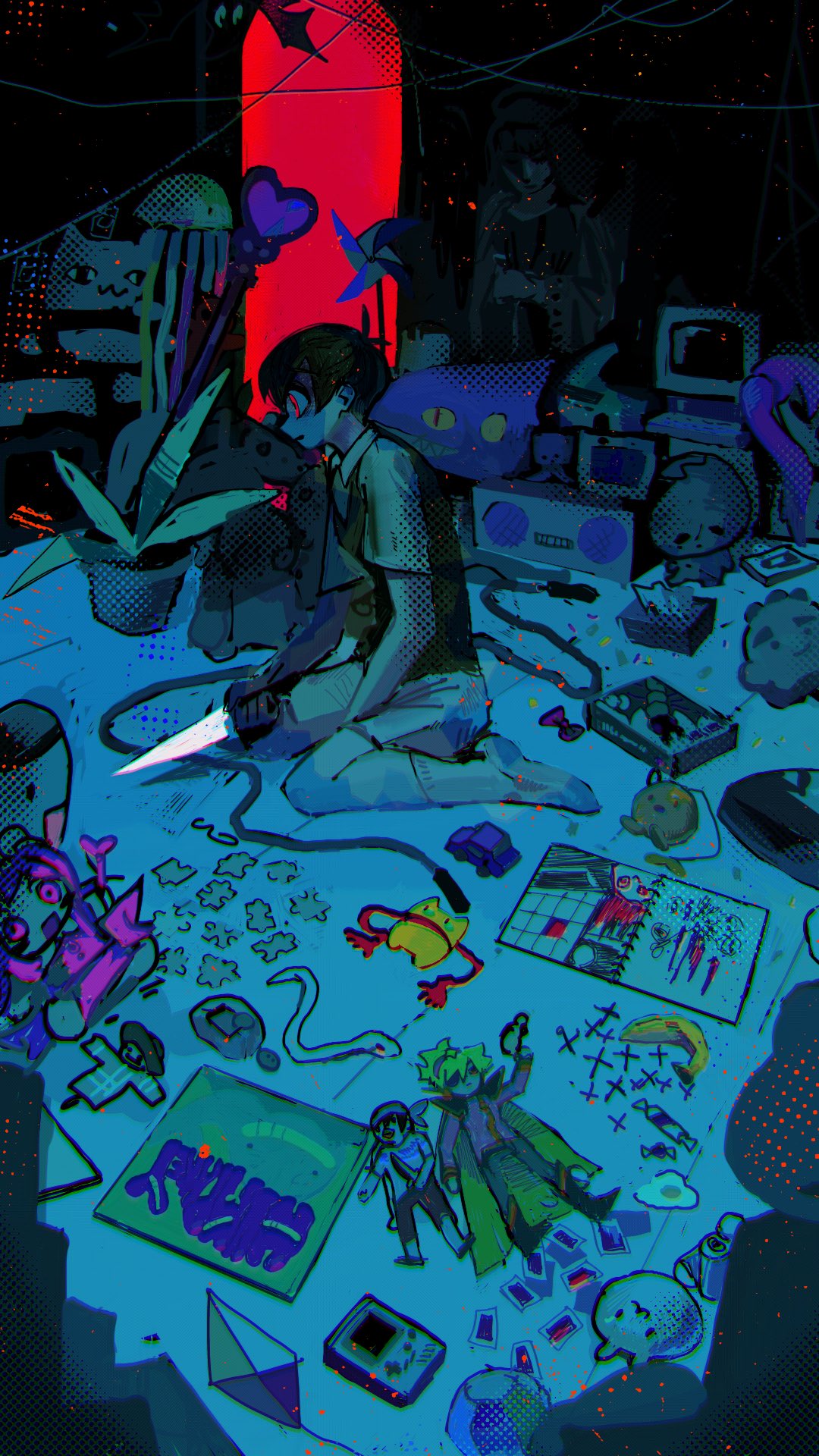 1boy angel_statue between_legs black_hair black_vest captain_spaceboy child collared_shirt commentary doll drawing_(object) english_commentary from_side game_boy glowing glowing_eye halftone hand_between_legs handheld_game_console highres holding holding_knife honshiya indoors jump_rope kneehighs knife leaf male_focus monitor no_shoes omori on_floor parted_lips pinwheel plant potted_plant profile puzzle radio red_eyes shirt short_hair sitting sketchbook socks solo statue stuffed_toy sunny_(omori) surreal tissue_box toy toy_car vest wariza white_shirt white_socks wide-eyed wide_shot