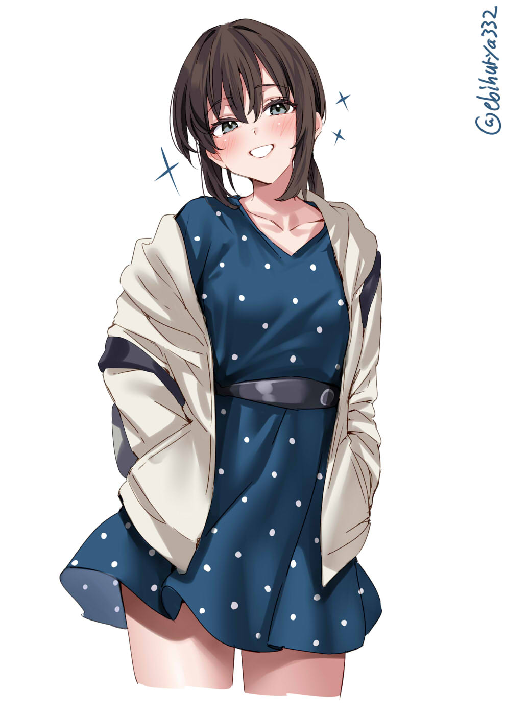 1girl belt blue_dress blush brown_hair collarbone cropped_legs dress ebifurya fubuki_(kancolle) grey_eyes grin hands_in_pockets highres jacket kantai_collection looking_at_viewer medium_hair one-hour_drawing_challenge open_clothes open_jacket polka_dot polka_dot_dress raised_eyebrows sidelocks simple_background smile solo sparkle thighs twitter_username white_background white_jacket