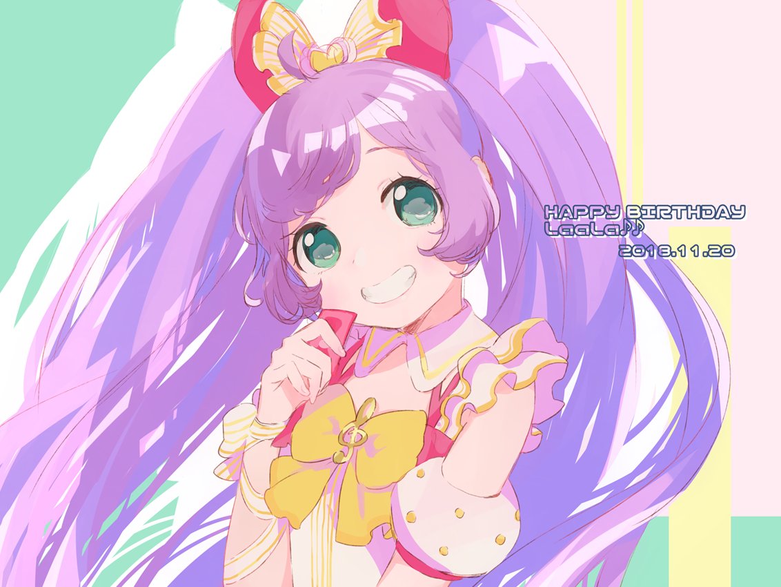 1girl :d ahoge bare_shoulders bow commentary_request dated detached_collar detached_sleeves green_eyes grin hair_bow hand_up happy_birthday idol_clothes long_hair looking_at_viewer machico_maki manaka_laala open_mouth pink_bow pretty_series pripara priticket puffy_detached_sleeves puffy_sleeves purple_hair smile solo treble_clef twintails upper_body very_long_hair yellow_bow