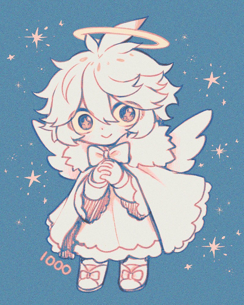 1boy ahoge angel artist_name black_eyes blue_background bow bowtie cape chibi colored_sclera colored_skin funamusea fur-trimmed_cape fur_trim hair_between_eyes halo ice_scream licowish male_focus messy_hair own_hands_together short_hair sidelocks solo sparkle star_(symbol) white_bow white_bowtie white_cape white_footwear white_hair white_skin yellow_sclera yukisada