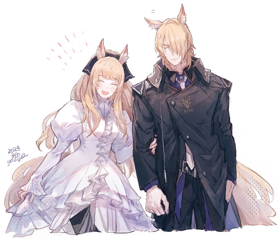 1boy 1girl animal_ear_fluff animal_ears arknights black_coat black_pants blemishine_(arknights) blemishine_(elite_ii)_(arknights) blonde_hair blue_shirt closed_eyes coat collared_shirt cropped_legs dated dress hair_over_one_eye holding_another's_arm horse_boy horse_ears horse_tail long_hair long_sleeves mlynar_(arknights) necktie oisyox72 pants puffy_sleeves shirt short_hair signature simple_background tail uncle_and_niece white_background white_dress white_necktie
