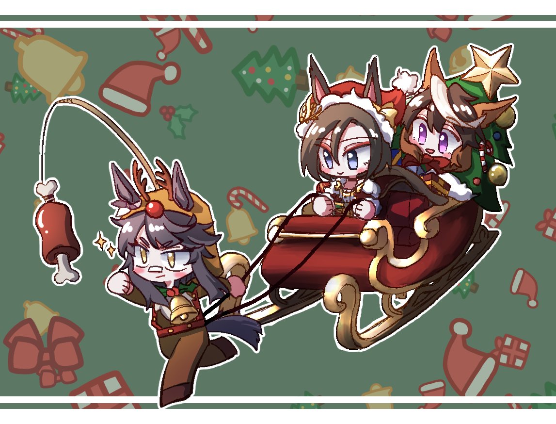 3girls air_groove_(are_you_merry?)_(umamusume) air_groove_(umamusume) animal_costume animal_ears bandaid bandaid_on_face bandaid_on_nose bell black_hair blue_eyes box brown_hair candy candy_cane carrot_on_stick chest_harness chibi christmas_tree_costume clenched_hands closed_mouth food gift gift_box harness hat holding holding_reins holly horse_ears horse_girl horse_tail korean_commentary multiple_girls narita_brian_(umamusume) neck_bell open_mouth red_headwear reindeer_costume reins santa_hat short_hair sitting sleigh smile sparkle symboli_rudolf_(christmas_emperor_tree)_(umamusume) symboli_rudolf_(umamusume) tail taisaaa umamusume violet_eyes yellow_eyes