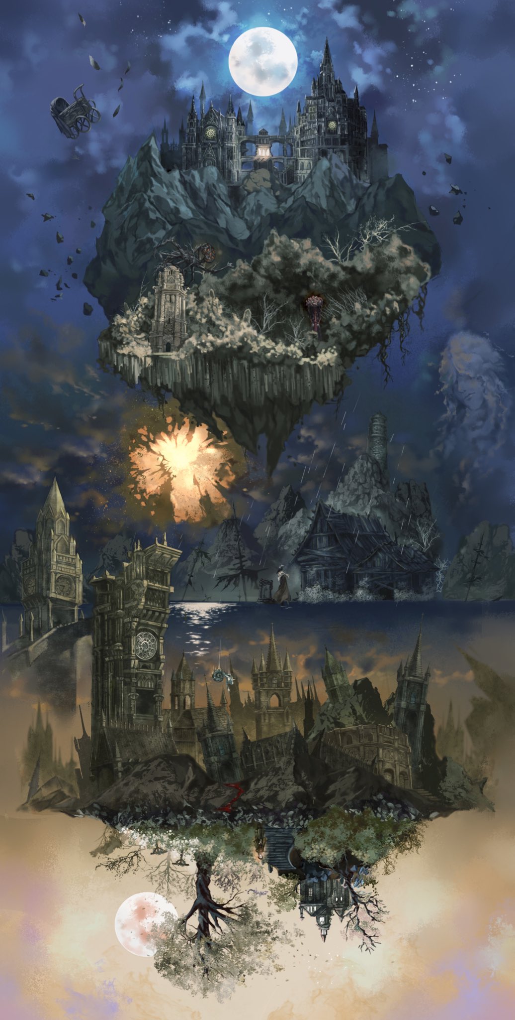 3girls amygdala architecture ascot blood bloodborne bonnet brain_of_mensis bush clock clock_tower clouds cloudy_sky coat day doll dress eldritch_abomination flying_buttress full_moon gothic gothic_architecture hat hat_feather highres kos_(bloodborne) lady_maria_of_the_astral_clocktower mergo's_wet_nurse moon multiple_girls night night_sky orphan_of_kos plain_doll ponytail post-apocalypse rain river riverbank roots ruins scenery sky star_(sky) starry_sky tower tree tricorne upside-down watchtower white_hair yharnam yujia0412