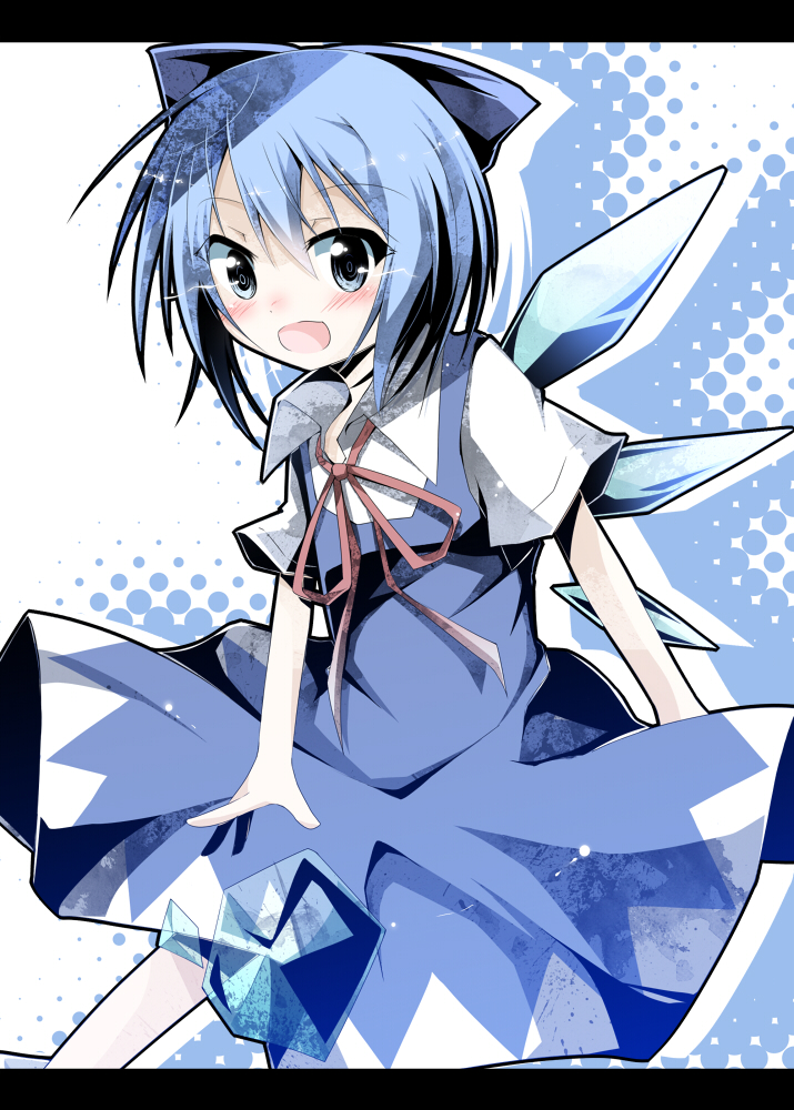 1girl blue_bow blue_dress blue_eyes blue_hair blush bow cirno collared_shirt comiket_81 commentary_request dotted_background dress eye_trail feet_out_of_frame hair_between_eyes hair_bow hakobako ice ice_wings light_trail looking_at_viewer medium_hair neck_ribbon open_mouth outline pinafore_dress ribbon shirt short_sleeves sleeveless sleeveless_dress smile solo touhou white_background white_outline white_shirt wings
