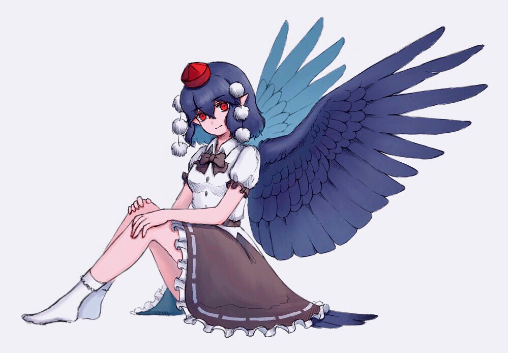 1girl black_bow black_bowtie black_skirt black_wings bow bowtie breasts buttons channel_ikihaji closed_mouth collared_shirt feathered_wings frilled_skirt frilled_sleeves frills full_body grey_background hair_between_eyes hand_on_own_knee hat head_tilt knees_up looking_at_viewer pointy_ears pom_pom_(clothes) puffy_short_sleeves puffy_sleeves red_eyes red_headwear shameimaru_aya shirt short_sleeves simple_background sitting skirt small_breasts socks solo tokin_hat touhou white_shirt white_socks wings