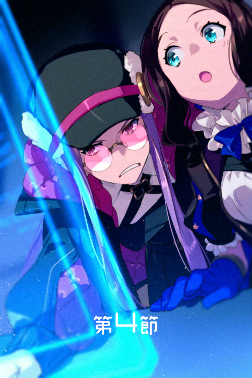 2girls :o angry aqua_eyes black_headwear black_jacket blue_gloves brown_hair cabbie_hat commentary_request echo_(circa) fate/grand_order fate_(series) forehead gloves hat holographic_interface jacket leonardo_da_vinci_(fate) leonardo_da_vinci_(rider)_(fate) long_hair looking_at_another looking_at_viewer medusa_(fate) medusa_(saber)_(fate) multiple_girls pink-tinted_eyewear pink_hair round_eyewear sunglasses tinted_eyewear twitter_username