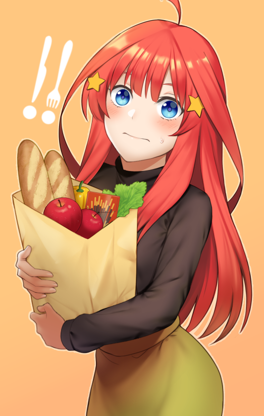 1girl ahoge apple bag baguette black_sweater blue_eyes bread brown_background closed_mouth commentary_request embarrassed food fruit go-toubun_no_hanayome green_skirt groceries grocery_bag hair_ornament light_blush long_hair long_skirt looking_at_viewer nakano_itsuki paper_bag pocky red_pepper redhead shopping_bag simple_background skirt star_(symbol) star_hair_ornament sweatdrop sweater tsuchifumazu