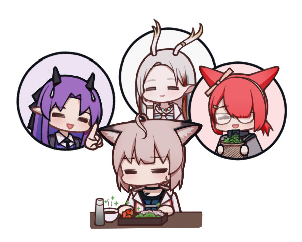 4girls :d =_= ahoge animal_ear_fluff animal_ears antlers arknights blue_dress brown_hair character_request chibi closed_eyes closed_mouth collared_shirt dress food forehead fox_ears glasses hair_over_one_eye hibiscus_(arknights) hibiscus_the_purifier_(arknights) horns jacket lxjun_09 multiple_girls myrrh_(fire_emblem) open_clothes open_jacket parted_bangs redhead shirt simple_background smile sussurro_(arknights) sweat white_background white_jacket white_shirt
