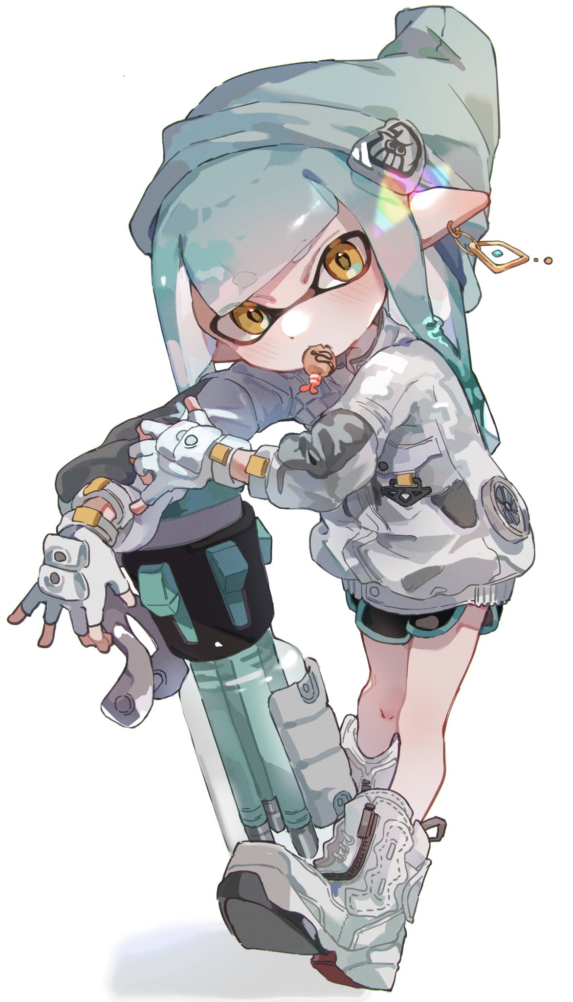 1girl aqua_hair aqua_headwear aqua_trim ballpoint_splatling_(splatoon) beanie black_shorts boots commentary dangle_earrings dot_nose earrings fang food_in_mouth full_body gloves gun hat high_tops highres holding holding_gun holding_weapon inkling_girl inkling_player_character jacket jewelry long_hair looking_at_viewer partially_fingerless_gloves pointy_ears shoes short_shorts shorts simple_background skin_fang sneakers solo splatoon_(series) splatoon_3 standing tentacle_hair thick_eyebrows weapon white_background white_footwear white_gloves white_jacket yellow_eyes yksb_inc6