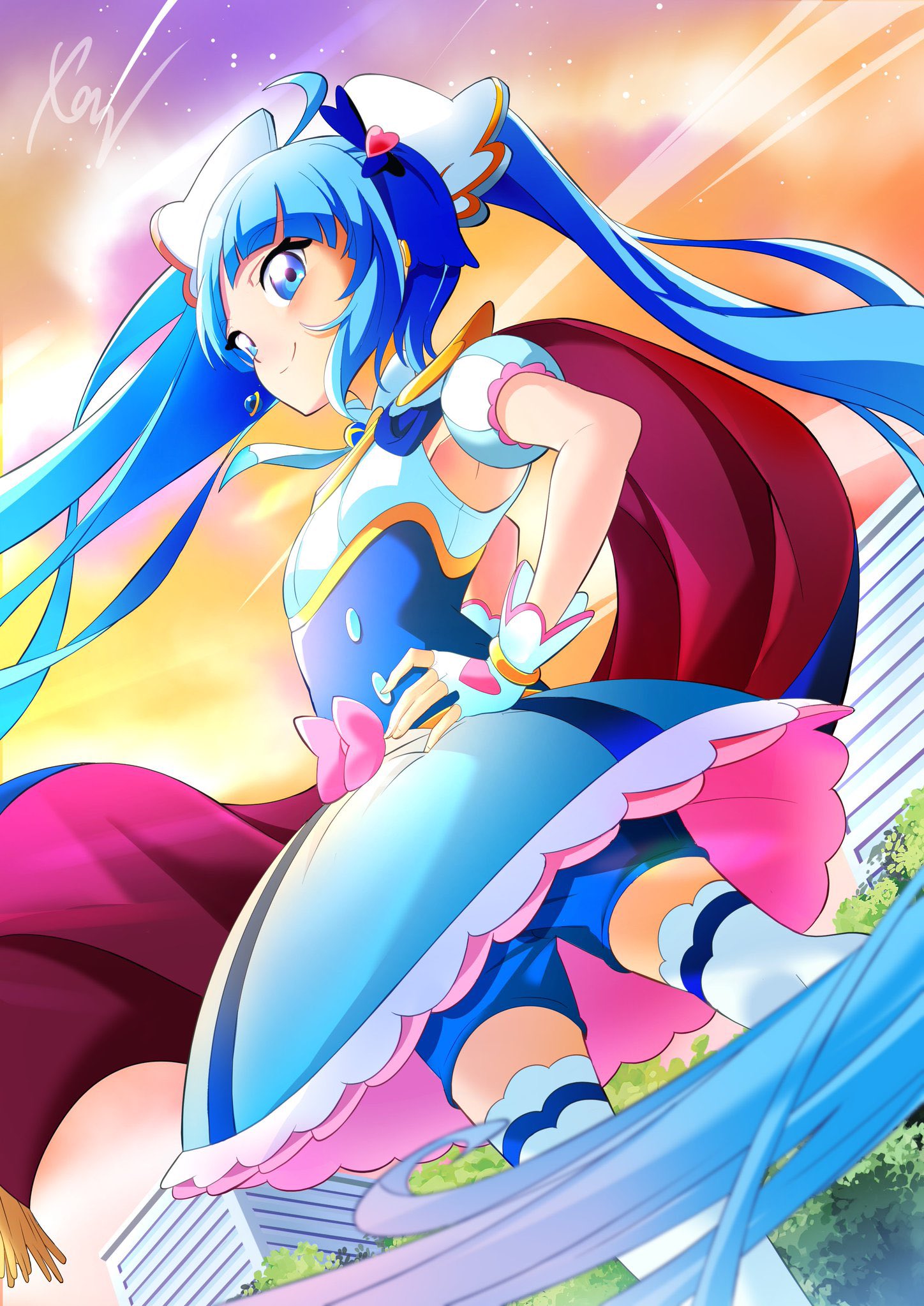 1girl ahoge bike_shorts blue_cape blue_dress blue_eyes blue_hair blue_shorts bow brooch cape closed_mouth commentary cure_sky cut_bangs dress dress_bow earrings fingerless_gloves fringe_trim gloves hand_on_own_hip highres hirogaru_sky!_precure jewelry long_hair looking_at_viewer magical_girl orange_sky outdoors pink_hair precure puffy_short_sleeves puffy_sleeves red_cape short_dress short_sleeves shorts shorts_under_dress single_sidelock sky sleeveless sleeveless_dress smile solo sora_harewataru standing thigh-highs tirofinire twilight twintails two-sided_cape two-sided_fabric white_gloves white_thighhighs wind wing_brooch wing_hair_ornament