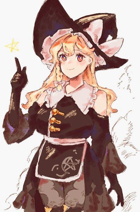 1girl aojirozame1228 arm_at_side bare_shoulders black_dress black_gloves black_headwear blonde_hair bow braid breasts bright_pupils closed_mouth cowboy_shot dress frilled_headwear frilled_shirt frills gloves grey_shorts hair_bow hand_up hat hat_bow index_finger_raised kirisame_marisa large_breasts light_blush long_hair looking_at_viewer pentagram pointing red_eyes shirt shorts single_braid smile solo star_(symbol) touhou white_background white_bow white_pupils witch_hat