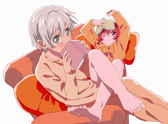 1boy 1girl barefoot book closed_mouth couch feet fumiko_(mesushi) iria_animi one_eye_closed red_eyes redhead ruca_milda short_hair simple_background sitting tales_of_(series) tales_of_innocence white_background white_hair
