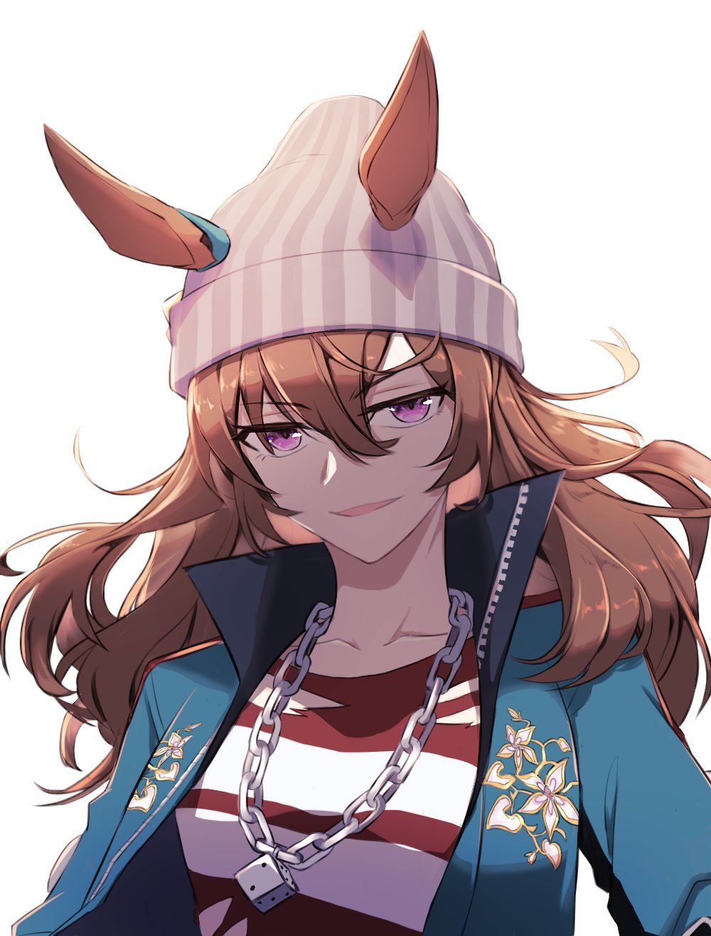 1girl animal_ears beanie blue_jacket bow brown_hair chain commentary_request dice_necklace ears_through_headwear grey_headwear hair_between_eyes hat highres horse_ears horse_girl jacket jewelry korean_commentary long_hair long_sleeves looking_at_viewer nakayama_festa_(umamusume) necklace shirt smile striped_clothes striped_shirt tail taisaaa umamusume violet_eyes white_background