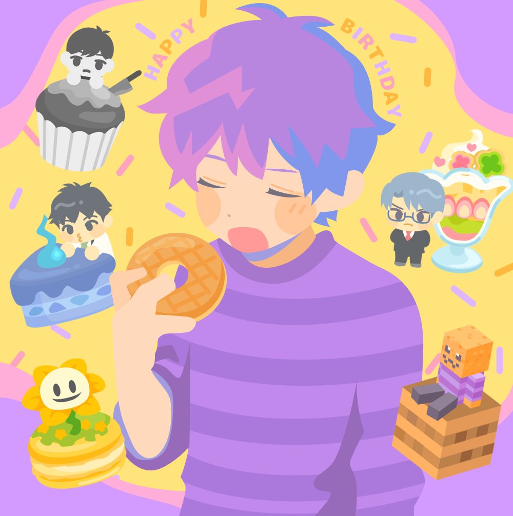 5boys asymmetrical_sleeves cake cake_slice character_request check_character chibi chibi_inset copyright_request crossover cupcake doughnut dual_persona eating flowey_(undertale) food happy_birthday himuro_reiichi holding_doughnut imminent_bite jack-o'_ran-tan male_focus minecraft multicolored_background multiple_boys multiple_crossover napoli_no_otokotachi omori omori_(omori) open_mouth parfait partially_colored purple_background purple_hair short_hair sleeve_pushed_up sprinkles striped_clothes striped_sweater sweater tokimeki_memorial tokimeki_memorial_girl's_side undertale uneven_sleeves upper_body yan_(yanmaroyan) yellow_background