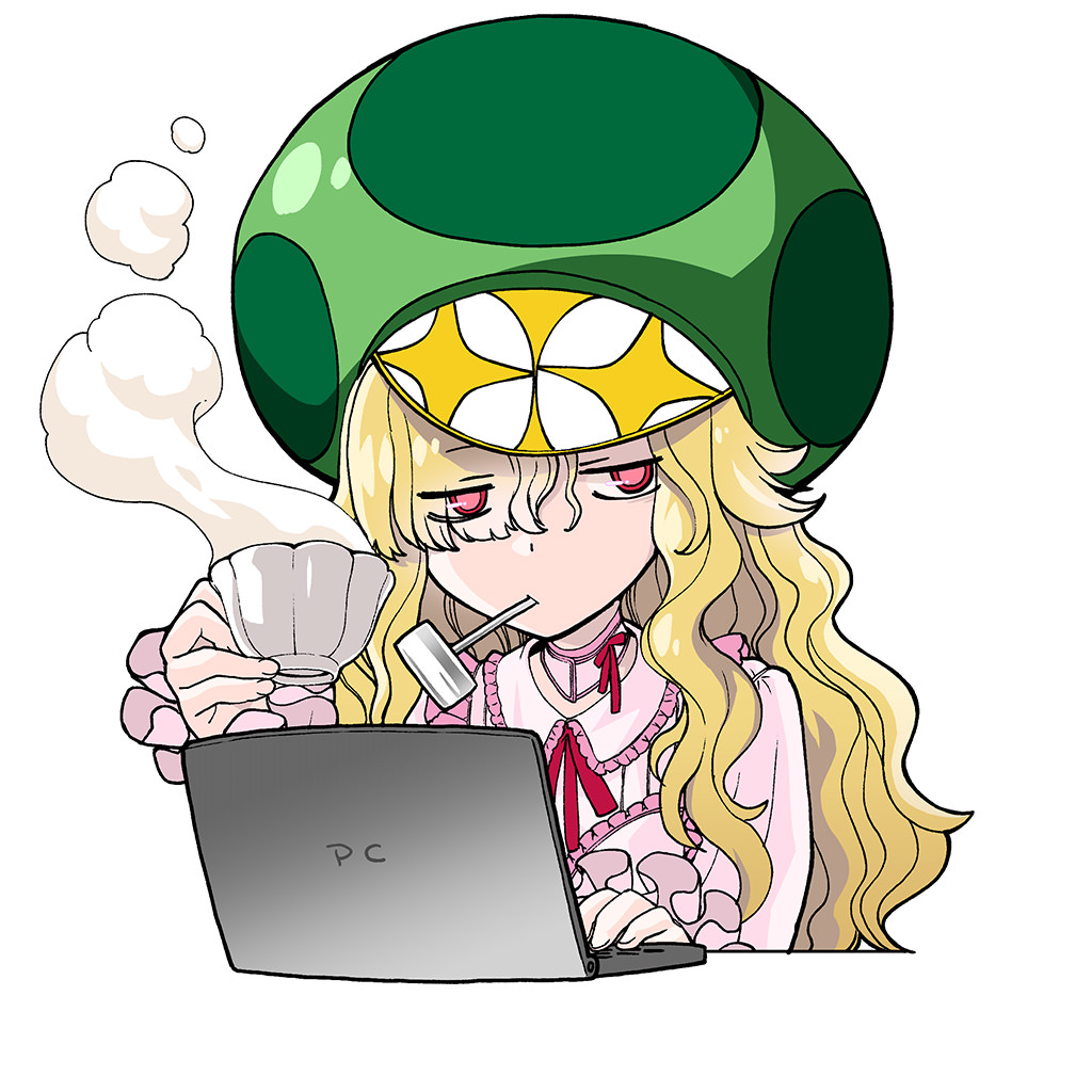 1girl bad_id blonde_hair character_request check_character computer cup dress green_headwear holding holding_cup laptop looking_to_the_side mushroom_hat nasu_kinoko neck_ribbon personification pink_dress red_eyes red_ribbon ribbon sasaki_shounen simple_background smoking_pipe solo teacup type-moon upper_body white_background