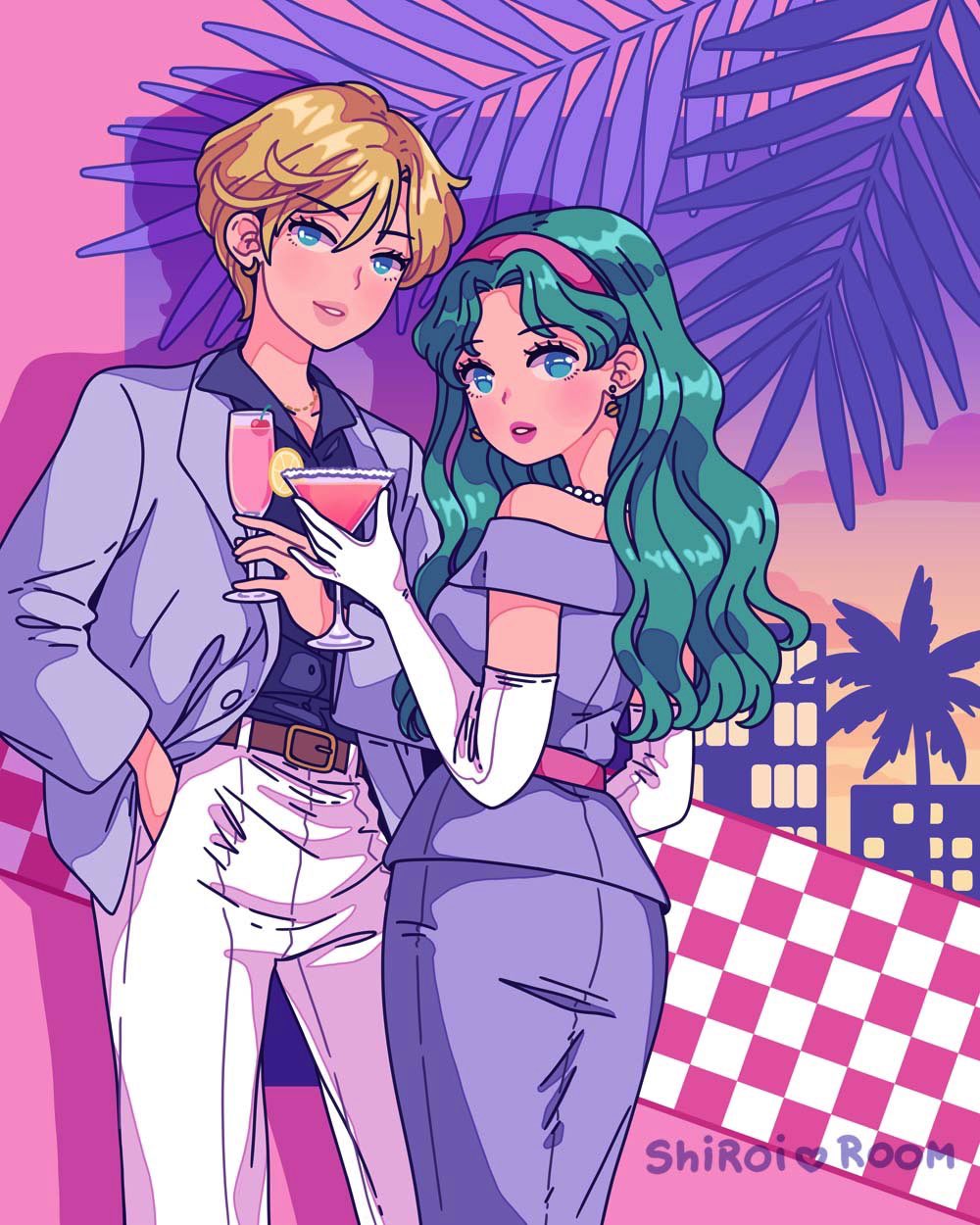 2girls aqua_hair artist_name bare_shoulders belt bishoujo_senshi_sailor_moon blonde_hair blue_eyes blue_shirt blue_skirt brown_belt cityscape commentary couple cup dress dusk earrings elbow_gloves english_commentary gloves hairband hands_in_pockets highres holding holding_cup jewelry kaiou_michiru long_hair looking_at_viewer multiple_girls necklace palm_tree pants parted_lips pearl_necklace pencil_skirt pink_belt pink_hairband shiroiroom shirt short_hair skirt sleeveless sleeveless_dress ten'ou_haruka tree white_gloves white_pants
