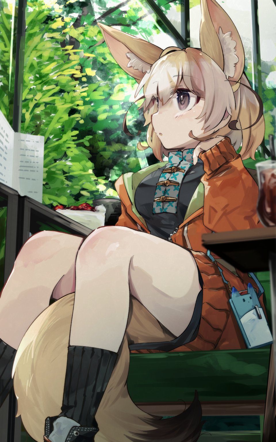 1girl alternate_costume animal_ear_fluff animal_ears between_legs black_socks blonde_hair blurry blurry_foreground brown_eyes brown_hair cake cake_slice chair contemporary cup day drink drinking_glass extra_ears feet_out_of_frame fennec_(kemono_friends) food fox_ears fox_girl fox_tail hand_up highres indoors jacket kemono_friends looking_up medium_hair miniskirt multicolored_hair nanana_(nanana_iz) on_chair orange_jacket parted_lips ribbed_socks shirt shoes sitting skirt sleeves_past_wrists socks solo table tail tail_between_legs window zipper