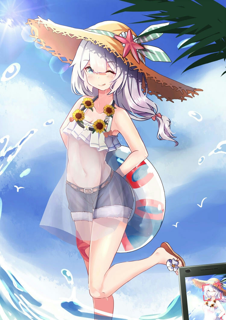 1girl ;p beach belt blue_eyes blue_sky cellphone closed_mouth clouds cloudy_sky denim denim_shorts flower hat holding holding_swim_ring honkai_(series) honkai_impact_3rd innertube leg_up linlingling long_hair looking_at_viewer navel one_eye_closed outdoors phone sandals see-through shorts sky smile solo starfish stomach straw_hat summer sunflower swim_ring theresa_apocalypse theresa_apocalypse_(valkyrie_pledge) tongue tongue_out water white_hair