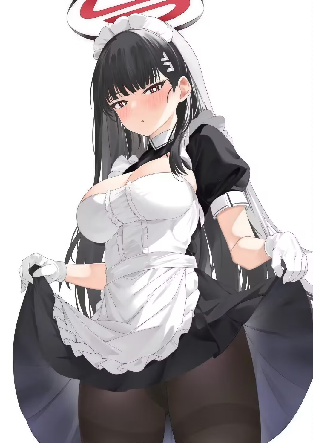 1girl alternate_costume amy_016 apron black_hair blue_archive blush breasts clothes_lift enmaided halo highres large_breasts maid maid_apron red_eyes rio_(blue_archive) skirt skirt_lift solo