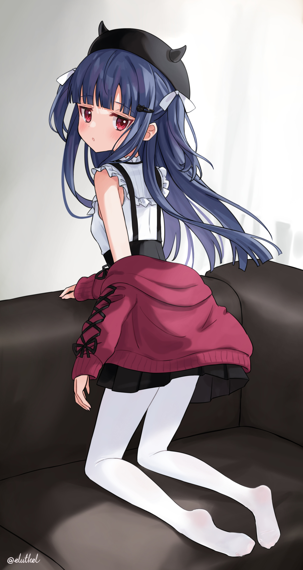 1girl black_skirt blue_hair cardigan clothes_down couch eluthel expressionless frilled_shirt_collar frills full_body hair_ornament hairclip hat highres idolmaster idolmaster_cinderella_girls kneeling long_hair looking_at_viewer looking_back pantyhose parted_lips red_eyes sajo_yukimi shirt skirt solo suspender_skirt suspenders white_pantyhose white_shirt