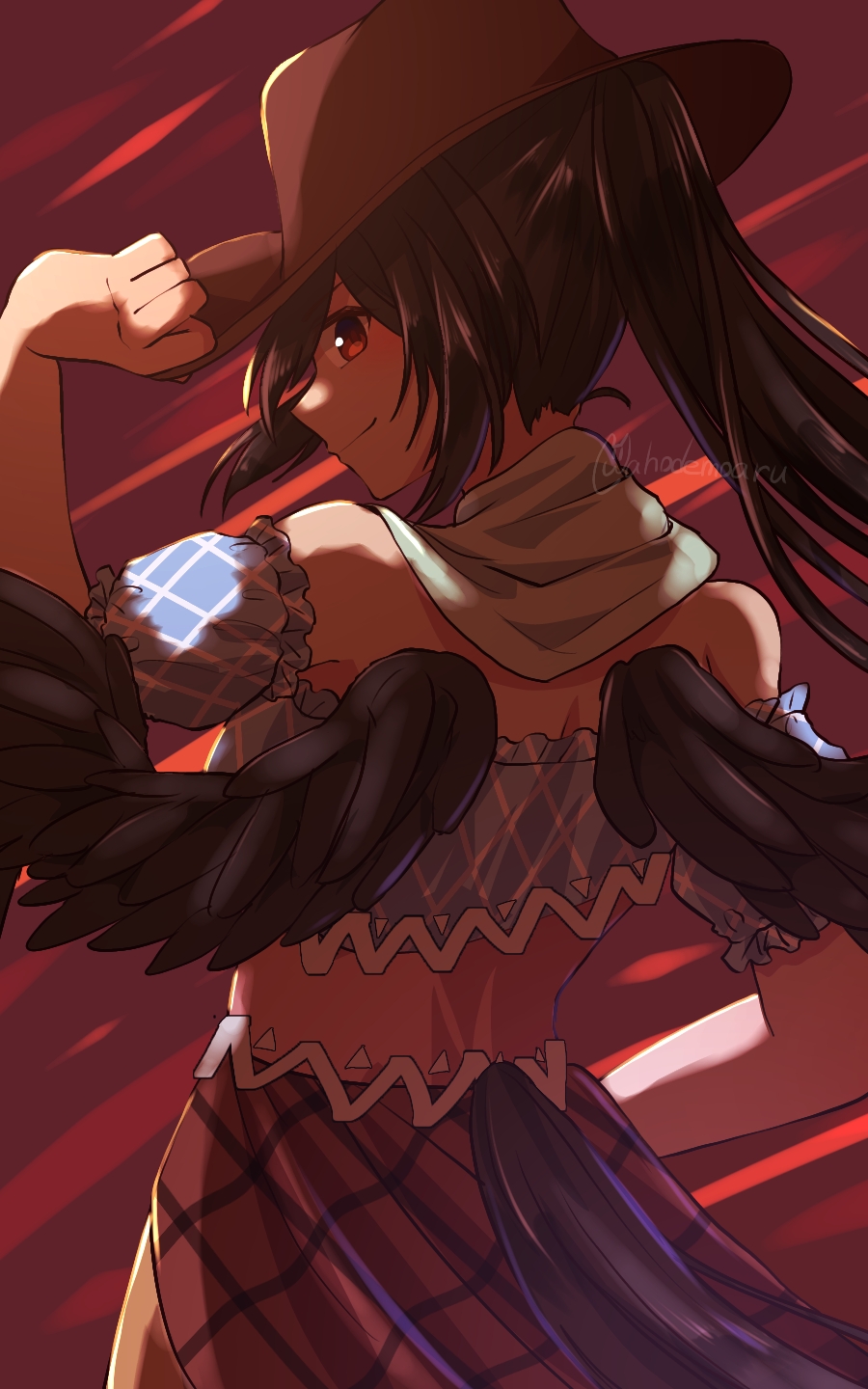 1girl ahodemoaru bandana black_hair black_tail black_wings blue_dress brown_dress brown_headwear closed_mouth dress hand_on_headwear hand_on_own_hip highres horse_tail kurokoma_saki looking_at_viewer looking_back multicolored_clothes multicolored_dress off-shoulder_dress off_shoulder one-hour_drawing_challenge overskirt pink_dress ponytail puffy_short_sleeves puffy_sleeves red_eyes short_sleeves smile solo tail touhou white_bandana wings