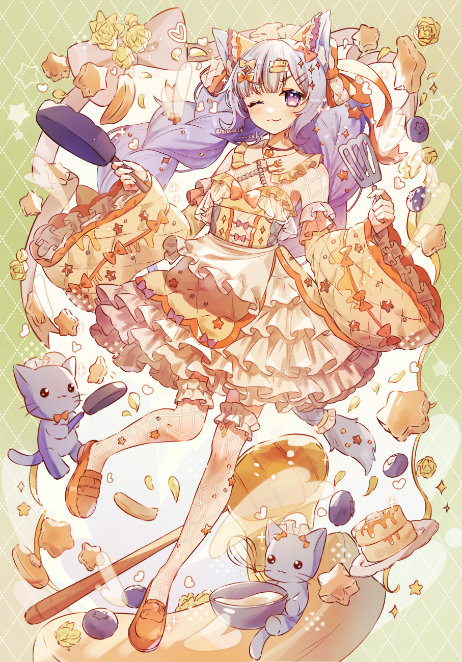 1girl ;3 animal_ears apron artist_name black_choker blueberry blunt_bangs bow bowl bowtie braid bridal_garter cake_batter cat cat_ears cat_girl cat_tail choker commentary cookie detached_sleeves diamond_hair_ornament dress falling_petals fishnet_thighhighs fishnets floating floating_object flower food frilled_dress frilled_sleeves frills fruit frying_pan full_body green_background hair_bow hair_ornament hairclip headdress heart heart_hair_ornament highres holding holding_frying_pan holding_spatula honey honey_dipper jewelry layered_dress leg_up loafers long_hair looking_at_viewer one_eye_closed orange_bow orange_bowtie orange_footwear original pancake pancake_stack pendant petals plate purple_hair shoes signature smile solo sparkle spatula symbol-only_commentary tail tail_ornament thigh-highs too_many too_many_frills tsukumi_bis twin_braids violet_eyes waist_apron whisk white_apron white_thighhighs wide_sleeves yellow_dress yellow_flower