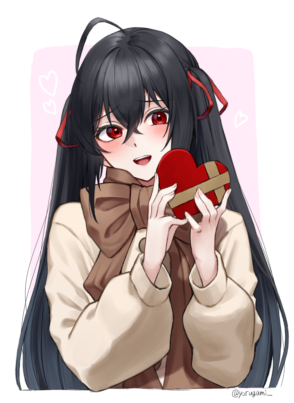 1girl :d azur_lane black_hair blush box brown_jacket casual gift hair_between_eyes hair_ribbon hands_up heart-shaped_box highres jacket long_hair looking_at_viewer red_eyes red_ribbon ribbon scarf smile solo taihou_(azur_lane) teeth twintails upper_body upper_teeth_only valentine very_long_hair winter_clothes yorugami_rei
