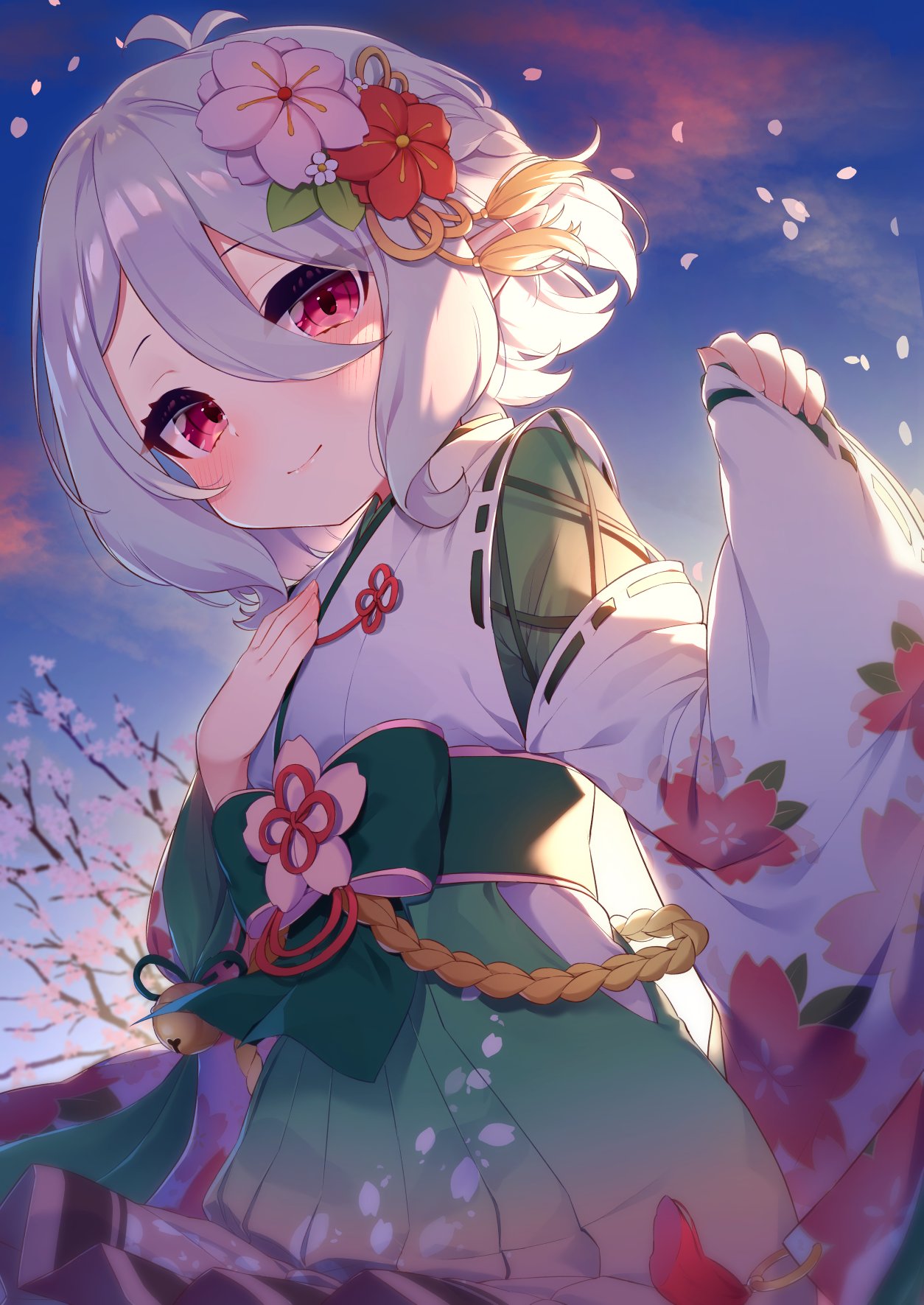 1girl antenna_hair blush bow cherry_blossoms closed_mouth clouds elf floral_print flower green_bow green_hakama hair_between_eyes hair_flower hair_ornament hakama hakama_skirt hand_on_own_chest hand_up highres japanese_clothes kimono kokkoro_(new_year)_(princess_connect!) kokkoro_(princess_connect!) long_sleeves looking_at_viewer miko outdoors petals pinching_sleeves pink_flower pointy_ears princess_connect! red_eyes red_flower ribbon_trim short_hair skirt sky sleeves_past_wrists smile solo tofu1601 white_flower white_kimono wide_sleeves