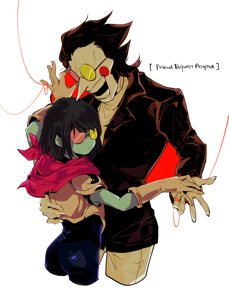 1boy 1other :| androgynous armor black_hair black_jacket blue_bodysuit blue_skin blush_stickers bodysuit bodysuit_under_clothes breastplate cape closed_mouth colored_skin covered_eyes cowboy_shot cropped_legs deltarune elbow_gloves english_text from_side gloves hand_on_another's_back hand_up holding_hands jacket kris_(deltarune) long_sleeves omomomizu open_mouth pants pauldrons pink-tinted_eyewear pink_cape pointy_nose round_eyewear short_hair shoulder_armor simple_background smile spamton_g._spamton standing string string_around_finger sunglasses tinted_eyewear white_background white_gloves yellow-tinted_eyewear yellow_pants