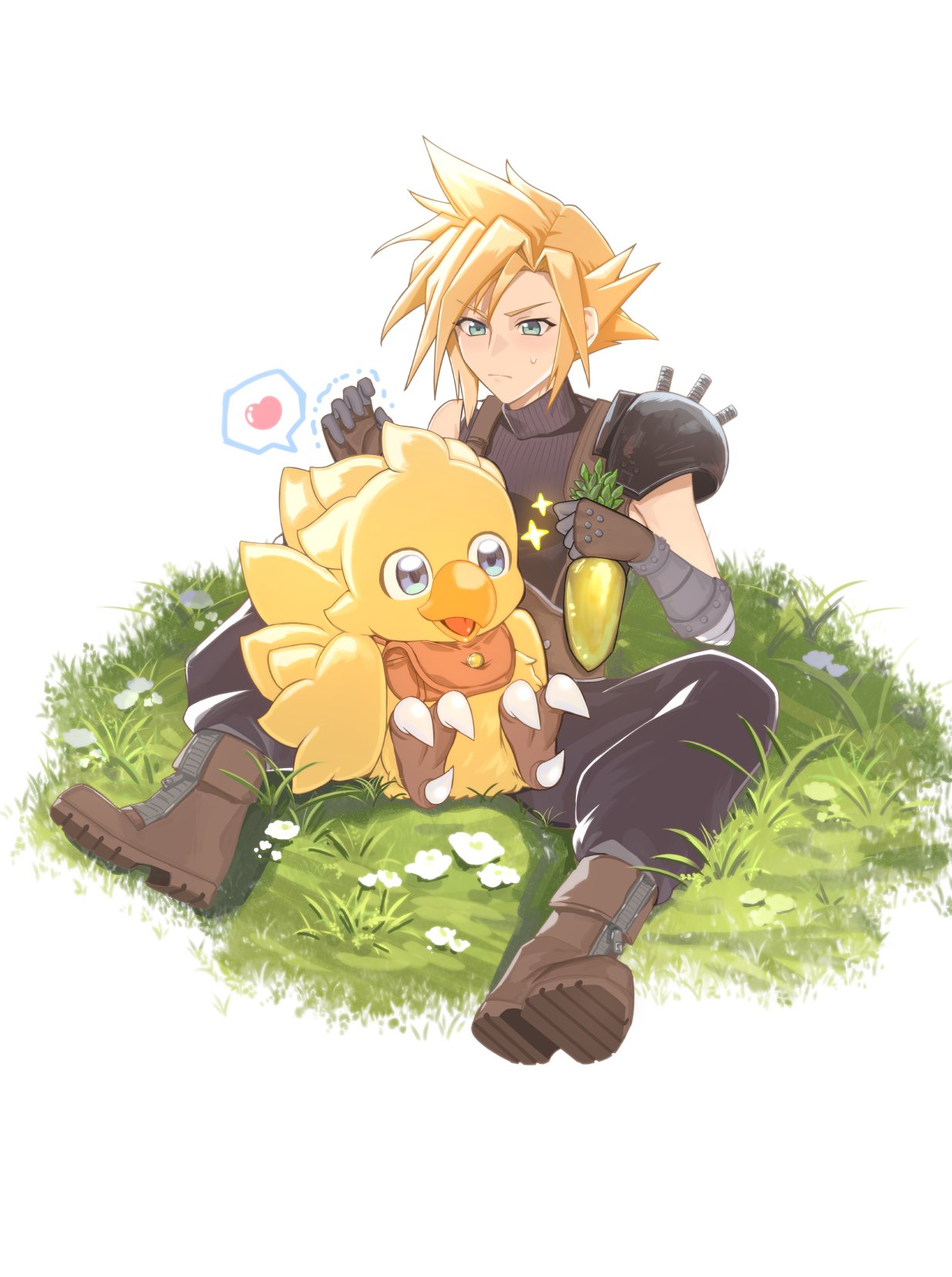 1boy armor baggy_pants blonde_hair blue_eyes brown_footwear chocobo closed_mouth cloud_strife final_fantasy final_fantasy_vii food full_body grass heart highres holding holding_food holding_vegetable keiseki1 looking_at_another pants short_hair shoulder_armor single_bare_shoulder sitting sleeveless sleeveless_turtleneck sparkle spiky_hair spoken_heart sweatdrop sweater trembling turtleneck turtleneck_sweater vegetable white_background