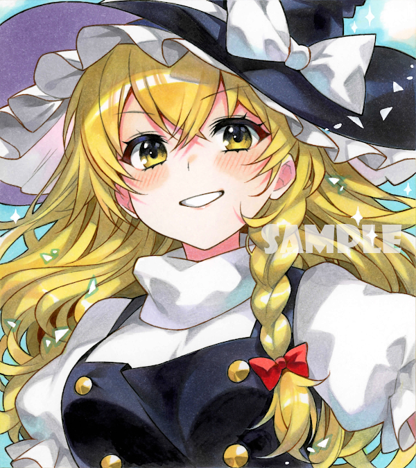 1girl black_vest blonde_hair bow braid breasts buttons chacham commentary_request frilled_hat frills grin hat hat_bow kirisame_marisa long_hair looking_at_viewer puffy_short_sleeves puffy_sleeves shirt short_sleeves side_braid small_breasts smile solo touhou traditional_media turtleneck very_long_hair vest white_bow white_shirt witch_hat yellow_eyes