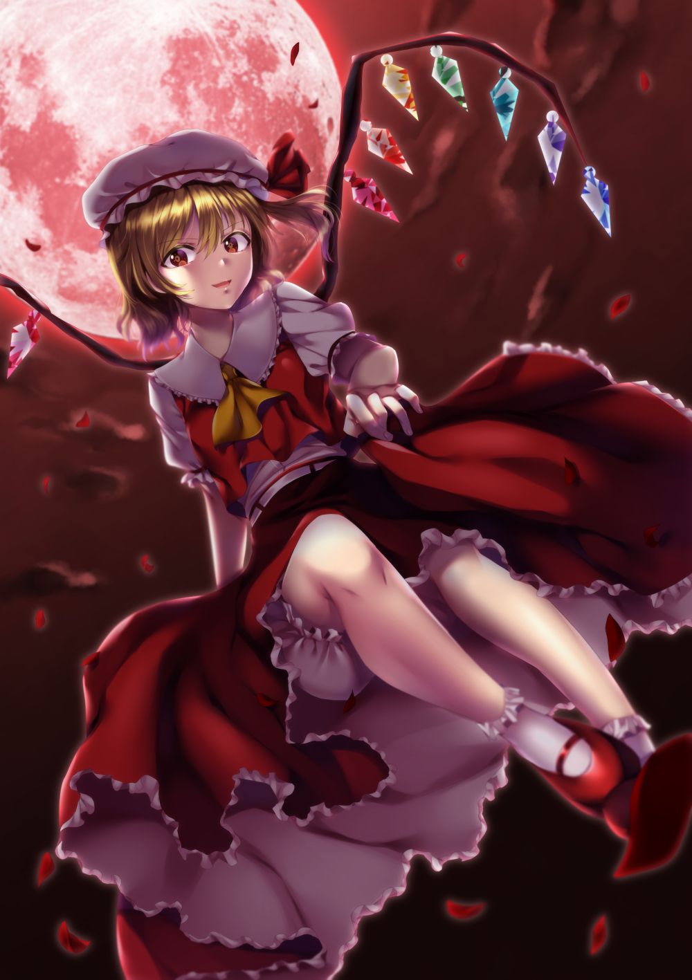 1girl ascot blonde_hair bloomers bobby_socks clouds cloudy_sky collared_shirt crystal darkmiso flandre_scarlet full_body hat hat_ribbon highres looking_at_viewer mary_janes moon multicolored_wings open_mouth outdoors puffy_sleeves red_eyes red_footwear red_moon red_petals red_ribbon red_skirt red_sky red_vest ribbon shirt shoes skirt sky sleeve_ribbon socks solo touhou vest white_bloomers white_headwear white_socks wings yellow_ascot