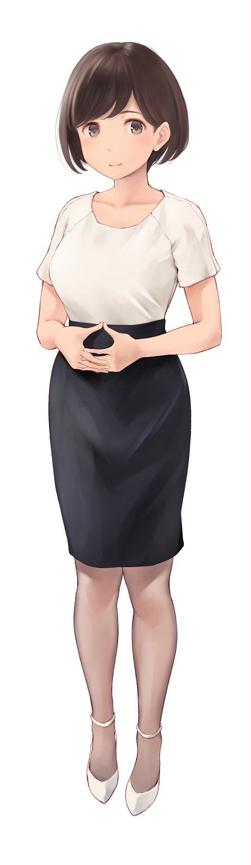 1girl black_skirt blush breasts brown_eyes brown_hair commentary full_body grey_pantyhose highres large_breasts looking_at_viewer office_lady original pantyhose pencil_skirt shirt short_hair short_sleeves skirt smile solo wa_(genryusui) white_background white_shirt