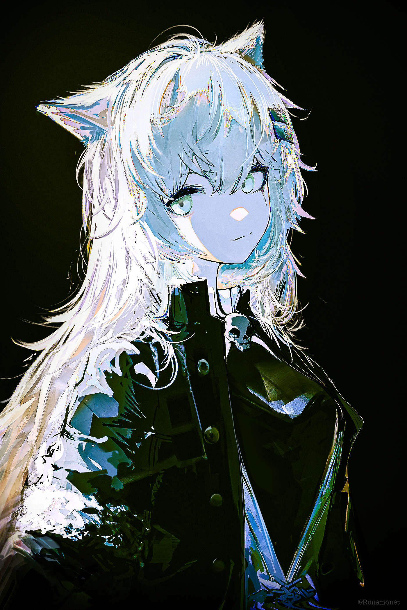 1girl animal_ears arknights black_background black_coat chiaroscuro coat commentary_request from_side green_eyes grey_hair hair_between_eyes hair_ornament hairclip highres lappland_(arknights) lappland_(refined_horrormare)_(arknights) long_hair long_sleeves looking_at_viewer messy_hair official_alternate_costume open_clothes open_coat runamonet scar scar_across_eye sidelocks skull solo tenebrism upper_body vest white_vest wolf_ears wolf_girl