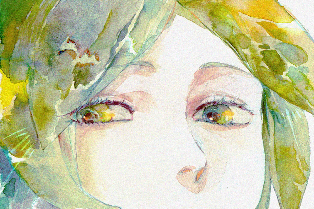 1other blonde_hair captian close-up commentary eyelashes green_eyes green_hair green_theme houseki_no_kuni other_focus painting_(medium) parted_bangs phosphophyllite portrait sideways_glance simple_background solo sparkle traditional_media watercolor_(medium) white_background yellow_eyes