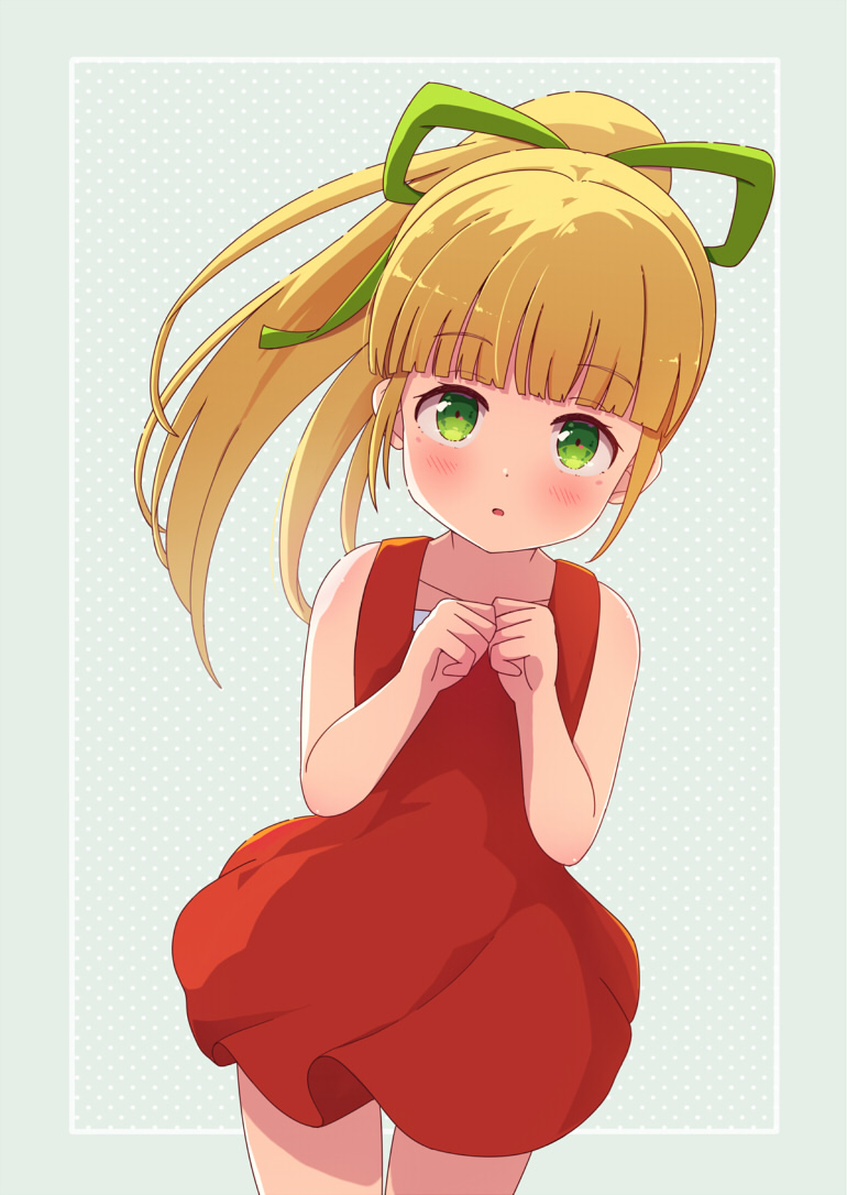 1girl blonde_hair blunt_bangs blush clenched_hand commentary_request cowboy_shot dot_nose dress green_background green_ribbon hair_ribbon inset_border looking_at_viewer m_ko_(maxft2) mega_man_(series) open_mouth partial_commentary polka_dot polka_dot_background ponytail red_dress ribbon roll_(mega_man) solo standing