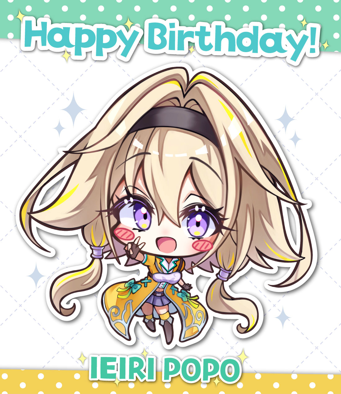 1girl :d belt birthday black_hairband blonde_hair blush blush_stickers boots brown_belt brown_footwear brown_gloves buttons character_name chibi coat collared_shirt commentary_request crop_top fingerless_gloves fold-over_boots full_body gloves grey_skirt hair_intakes hair_tubes hairband happy_birthday highres ieiri_popo ieiri_popo_(1st_costume) looking_at_viewer medium_bangs miniskirt multicolored_hair muneate nanashi_inc. navel open_mouth pleated_skirt sanada_shinka shirt short_hair_with_long_locks sidelocks skirt smile solo sparkle streaked_hair thigh-highs v violet_eyes virtual_youtuber white_background white_shirt yellow_coat yellow_thighhighs