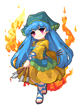 1girl blue_hair blush closed_mouth commentary dress edz_drawz english_commentary full_body green_headwear haniyasushin_keiki head_scarf long_hair looking_at_viewer lowres pixel_art pocket red_eyes smile solo touhou transparent_background wood_carving_tool yellow_dress youzikk_(style)