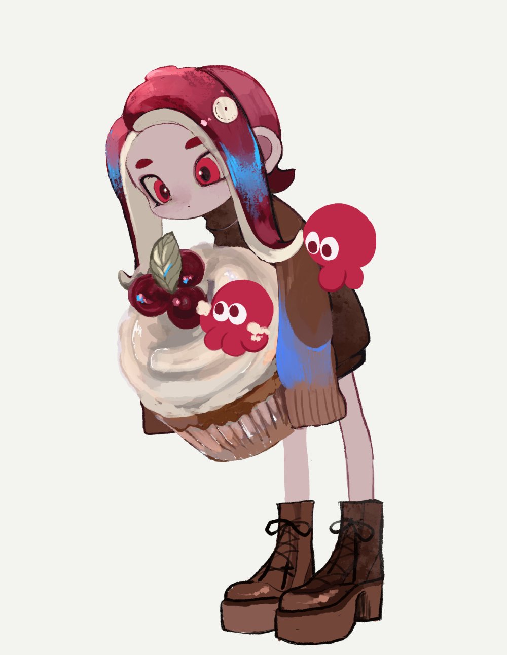 1girl blue_hair boots brown_footwear brown_sweater closed_mouth cross-laced_footwear cupcake food highres holding holding_food leaning_forward li04r long_hair multicolored_hair octoling_girl octoling_player_character octopus oversized_food oversized_object red_eyes redhead simple_background solo splatoon_(series) sweater tentacle_hair two-tone_hair white_background
