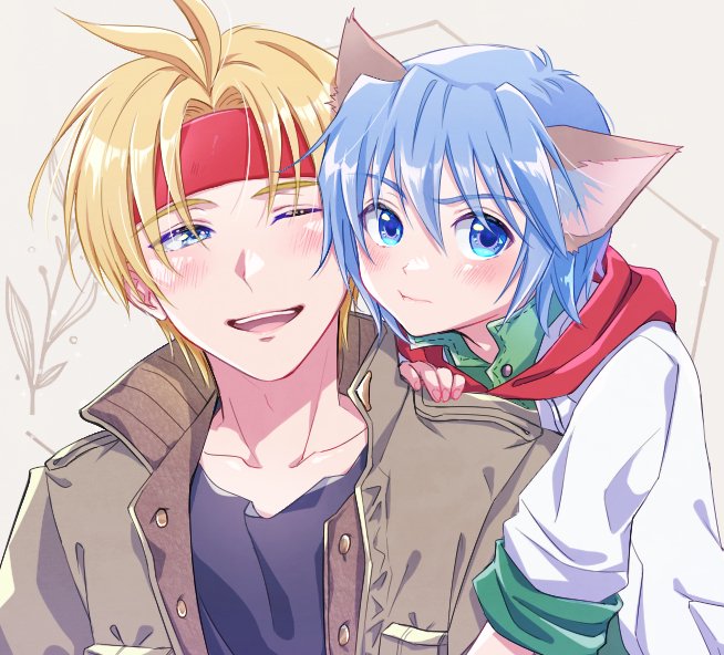 19670615t 2boys animal_ears blonde_hair blue_eyes blue_hair cat_ears claude_kenni closed_mouth collarbone headband lab_coat leon_geeste looking_at_viewer male_focus multiple_boys one_eye_closed open_mouth short_hair smile star_ocean star_ocean_the_second_story