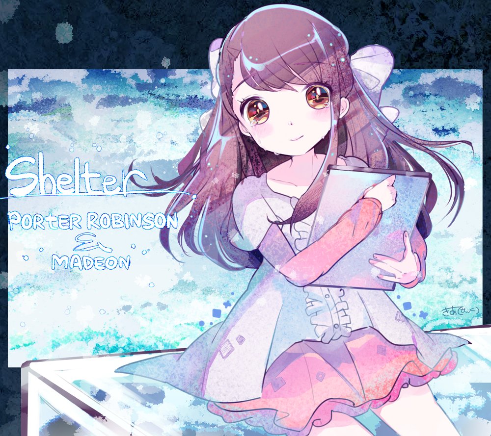1girl blue_background bow brown_eyes brown_hair center_frills closed_mouth cowboy_shot drawing_tablet dress frills hair_bow happy_tears holding kiato layered_sleeves long_hair long_sleeves looking_at_viewer rin_(shelter) shelter_(song) short_over_long_sleeves short_sleeves sitting smile solo song_name tears white_dress