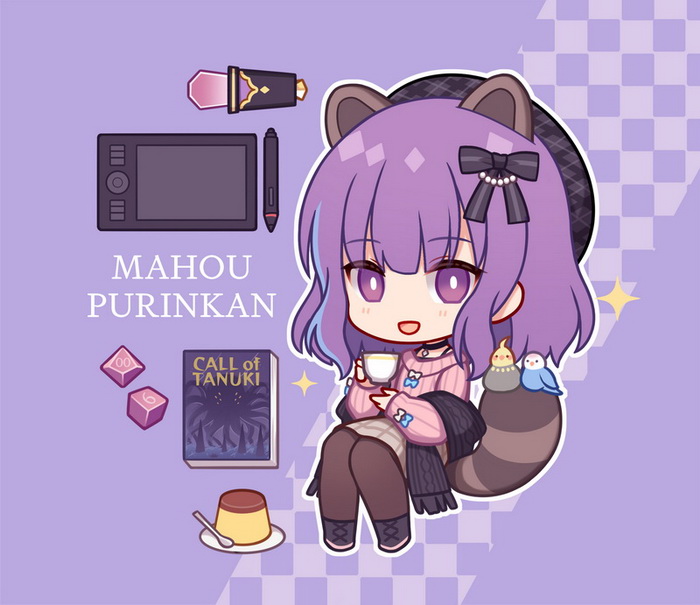 1girl :d animal animal_ears beret bird black_choker black_footwear black_scarf blush book boots brown_pantyhose brown_skirt call_of_cthulhu checkered_background chibi choker commentary_request cup dice drawing_tablet food fringe_trim grey_headwear hat hitsuki_rei holding holding_cup indie_virtual_youtuber mahou_purinkan pantyhose pink_sweater plaid_headwear pudding purple_background purple_hair raccoon_ears raccoon_girl raccoon_tail ribbed_sweater saucer scarf sitting skirt smile solo sparkle spoon striped_tail stylus sweater tail violet_eyes virtual_youtuber