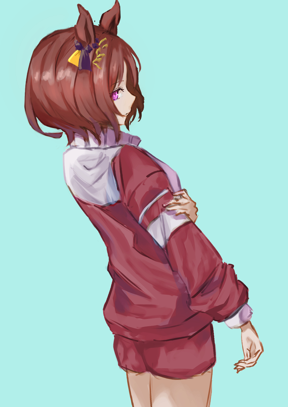 1girl animal_ears artistic_error blue_background brown_hair commentary_request e_nnihql from_side gym_uniform highres horse_ears horse_girl jacket looking_at_viewer looking_to_the_side no_tail pink_eyes red_jacket red_shorts red_track_suit sakura_laurel_(umamusume) short_hair shorts simple_background solo tracen_training_uniform umamusume