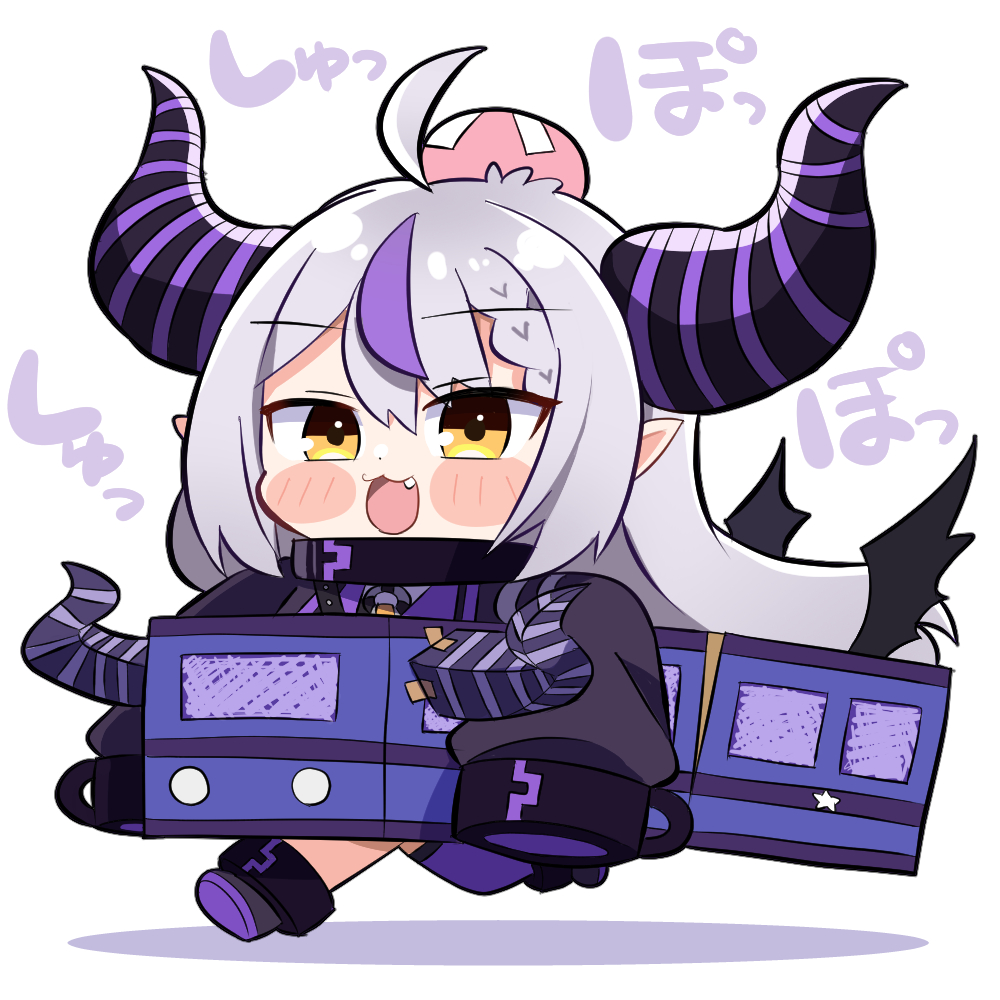 1girl ahoge blush demon_horns grey_hair hair_between_eyes hololive horns la+_darknesss long_hair long_sleeves multicolored_hair nabe_(nabe_otome) open_mouth pointy_ears purple_hair sleeves_past_wrists smile solo streaked_hair striped_horns virtual_youtuber yellow_eyes