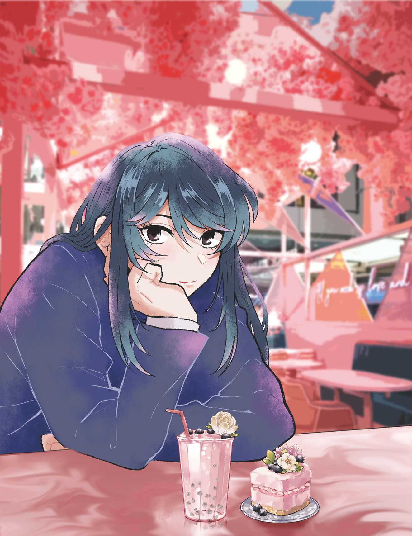 1girl ado_(utaite) black_eyes cake chando_(ado) closed_mouth cloud_nine_inc commentary_request cup drinking_straw food head_rest highres long_hair long_sleeves looking_at_viewer photo_background sidelocks solo umeboshi_(lbsmo8ue2qm2rhk) utaite