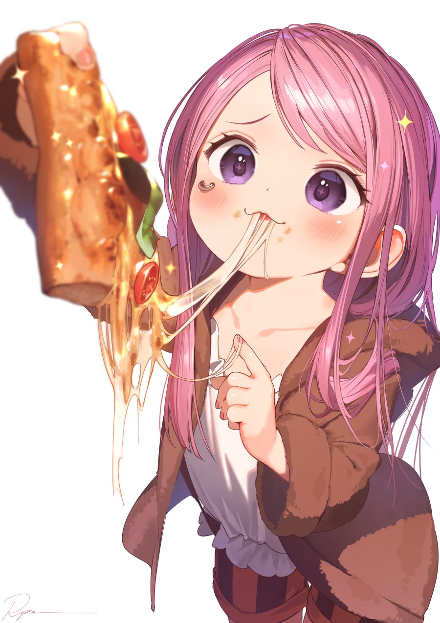 +_+ 1girl blush eating eyelid_piercing food fur_jacket highres holding holding_food holding_pizza jacket jewelry_bonney lipstick long_hair makeup one_piece piercing pink_hair pizza pizza_slice ryota_(ry_o_ta) shorts simple_background solo violet_eyes white_background