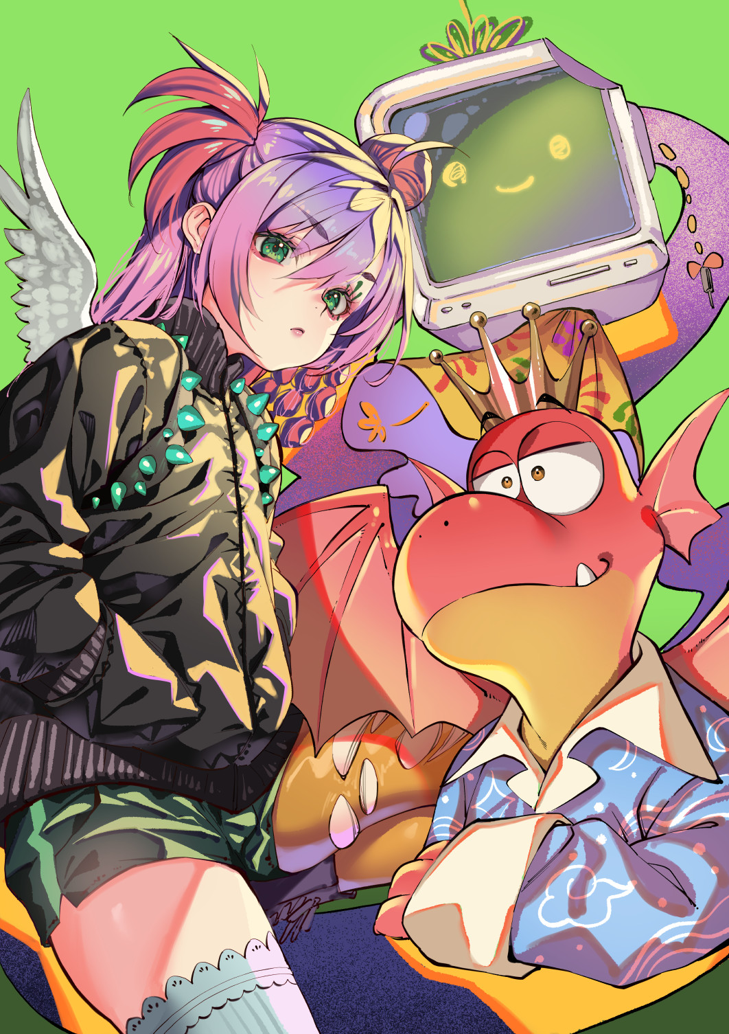 1girl black_jacket creature crown dragon dragon_wings feathered_wings green_background green_eyes hair_bun hair_ornament hands_in_pockets highres jacket kink_(tortoiseshell) long_hair long_sleeves looking_at_viewer monitor multicolored_hair original pink_hair redhead short_shorts shorts simple_background sleepwear thigh-highs white_thighhighs wings