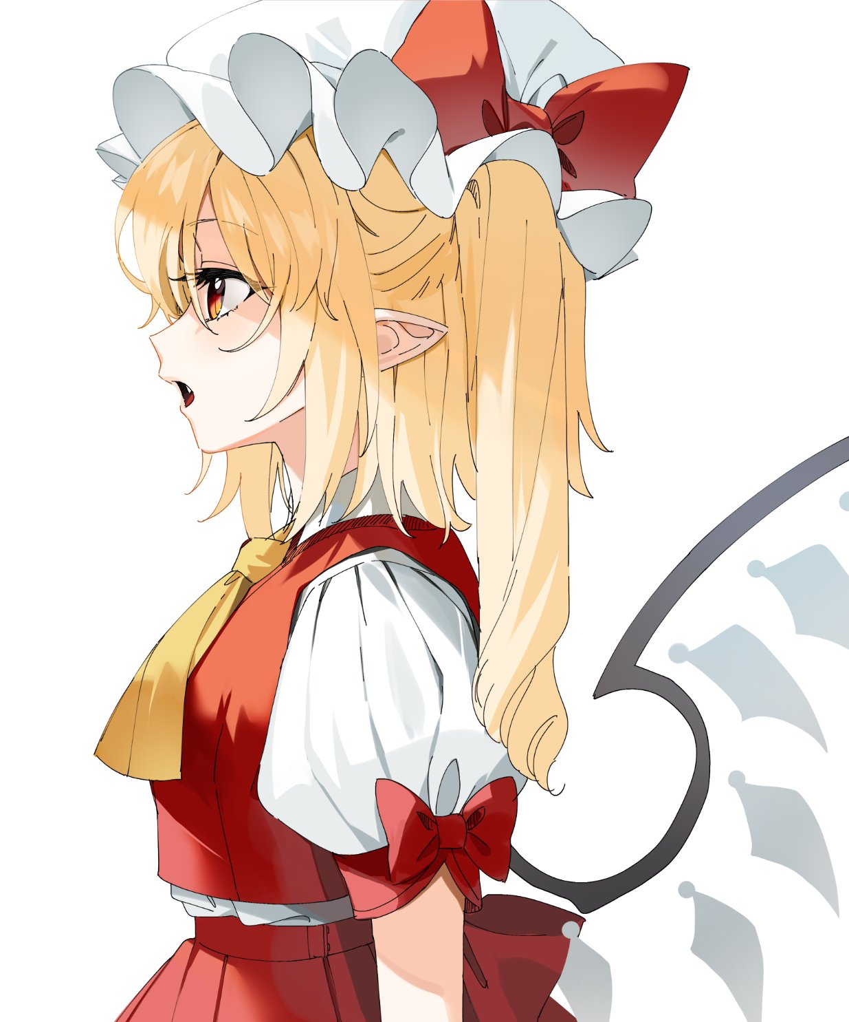1girl arm_at_side ascot blonde_hair bow commentary crystal eyelashes fang flandre_scarlet from_side gotoh510 hair_between_eyes hat hat_bow highres medium_hair mob_cap open_mouth pointy_ears profile puffy_short_sleeves puffy_sleeves red_bow red_eyes red_vest shirt short_sleeves side_ponytail simple_background sleeve_bow solo touhou tsurime upper_body vest white_background white_headwear white_shirt wings yellow_ascot